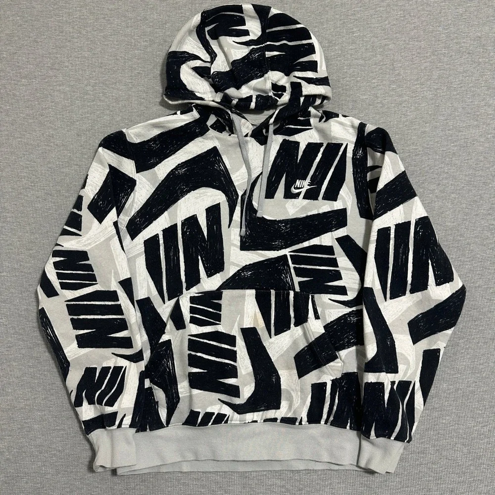 Nike‎ Sportswear Swoosh All Over Print Fleece Pullover Hoodie White Black Medium